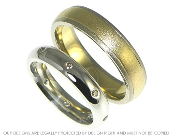 Pair of bespoke wedding rings in white and yellow gold, and platinum