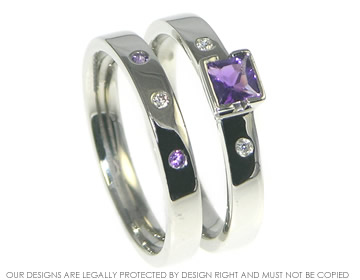 Bespoke palladium wedding ring with amethysts and diamond