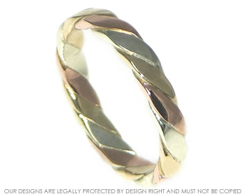 9ct yellow, rose and white gold celtic twist wedding ring.