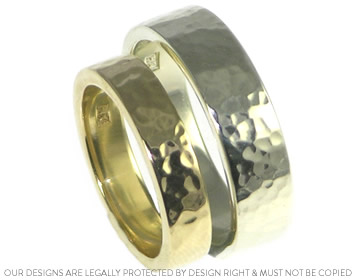 Pair of 9ct white and yellow gold Wedding rings with a hammered finish 