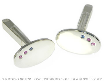 Bespoke sterling silver oval cufflinks with pink and blue sapphires