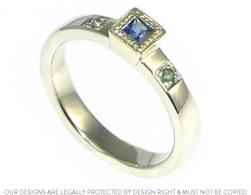 Carrie's unique sapphire and alexandrite engagement ring