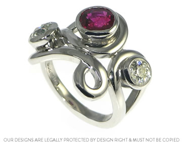 Palladium flowing ring with customers own diamonds and ruby