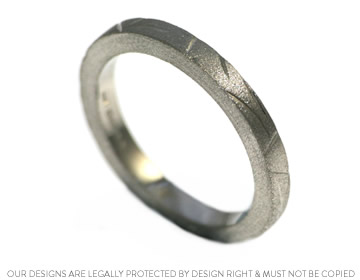 Tracy's bespoke tree bark inspired palladium wedding ring