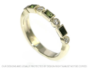 Kym's baguette cut green tourmaline and diamond wedding ring