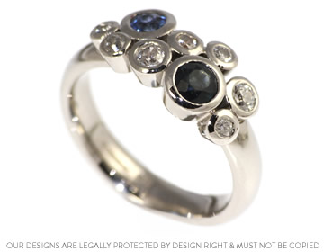 Bubble ring with blue sapphires and diamonds 