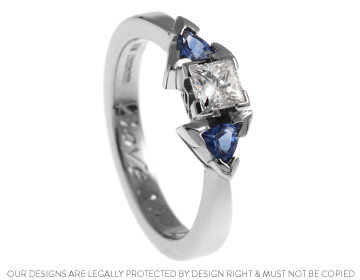 Lorna's palladium geometric diamond and sapphire engagement ring.