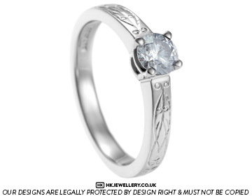 Arts and Craft inspired engraved palladium and diamond engagement ring