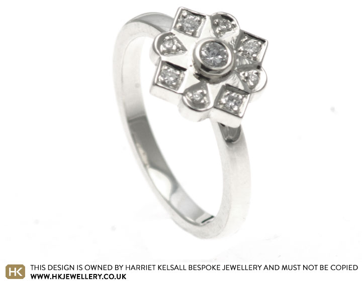 Edwardian style recycled diamond and 9ct white gold engagement ring