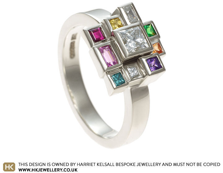 9ct White GoldEngagement Ring with a 0.33ct H SI Princess Cut Diamond and  Multi Coloured Gemstones