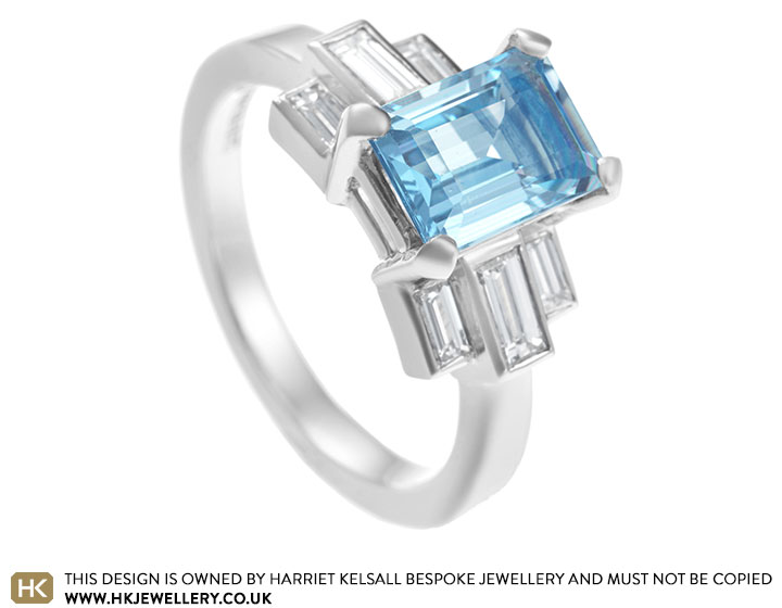 Art Deco inspired 1.45ct aquamarine and 0.50ct diamond ring