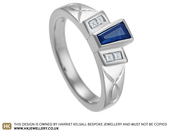 Michelle's art deco inspired engraved sapphire engagement ring