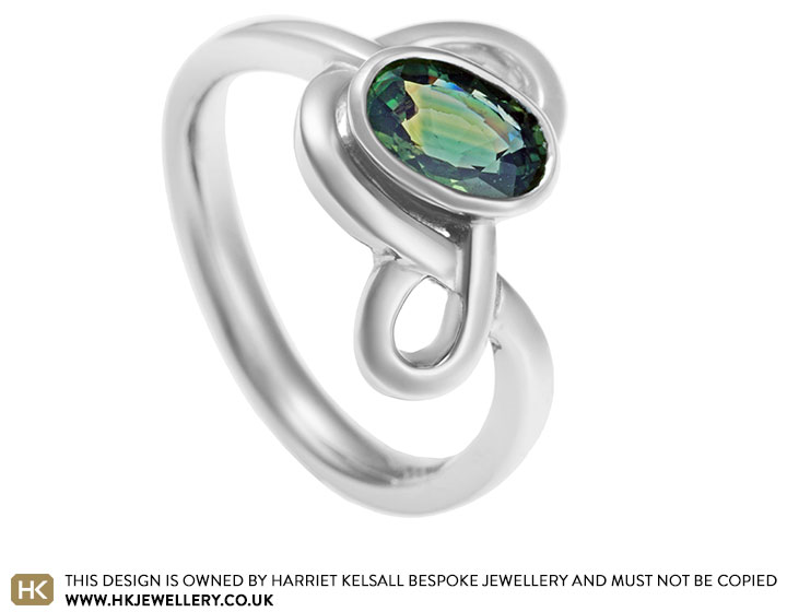 Grainne's handmade twisting green sapphire engagement ring