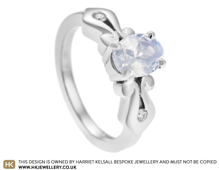 Victorian damask pattern inspired 0.78ct moonstone and 0.05ct diamond engagement ring