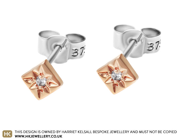 Delicate 9ct rose and white gold earrings with a star set