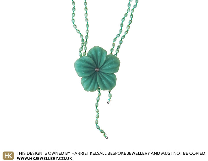 Fully knotted hand carved quartzite flower and pearl double necklace