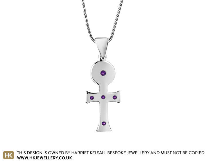 Sterling silver cross of St. Alban with five small amethysts