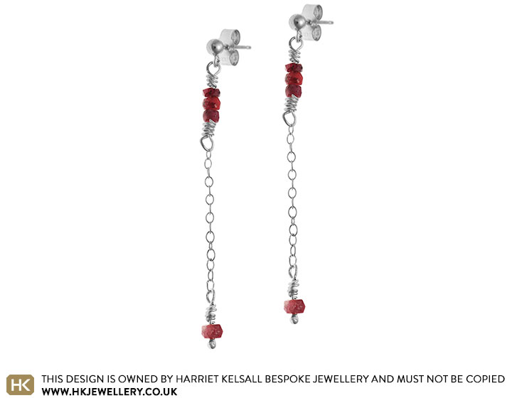 Sterling silver stud and drop earrings with ruby beads