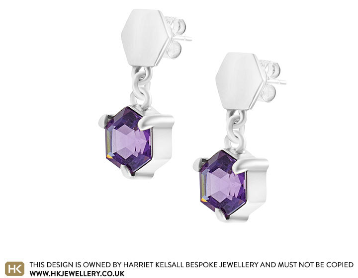 Sterling silver earrings with hexagonal amethyst