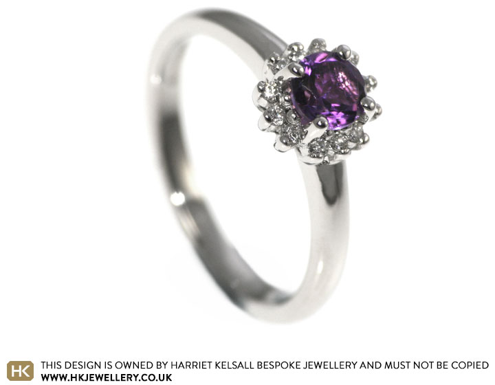 Cluster style amethyst and diamond engagement ring 