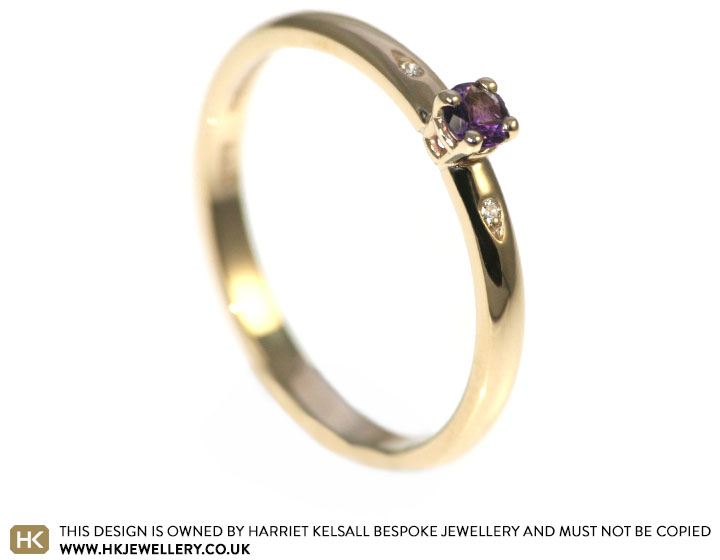 A delicate yellow gold, amethyst and diamond engagement ring