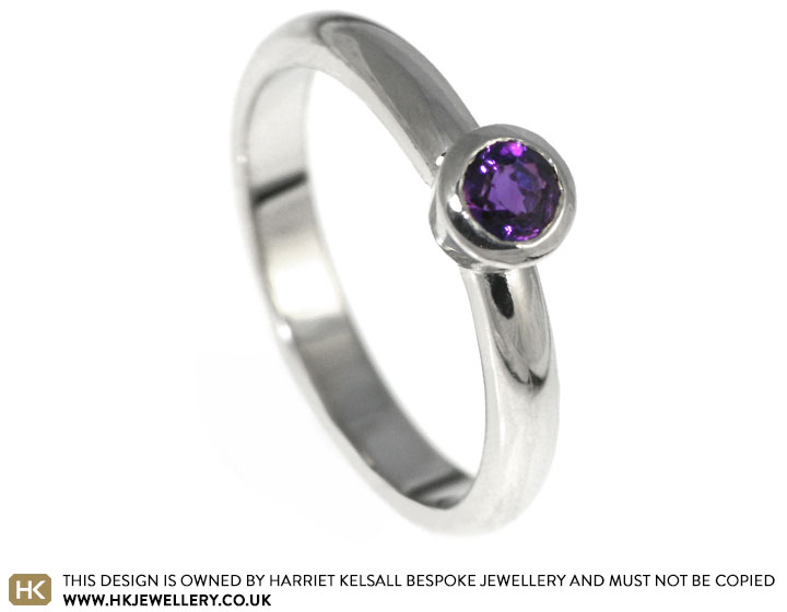 Sarah's unique white gold and amethyst engagement ring