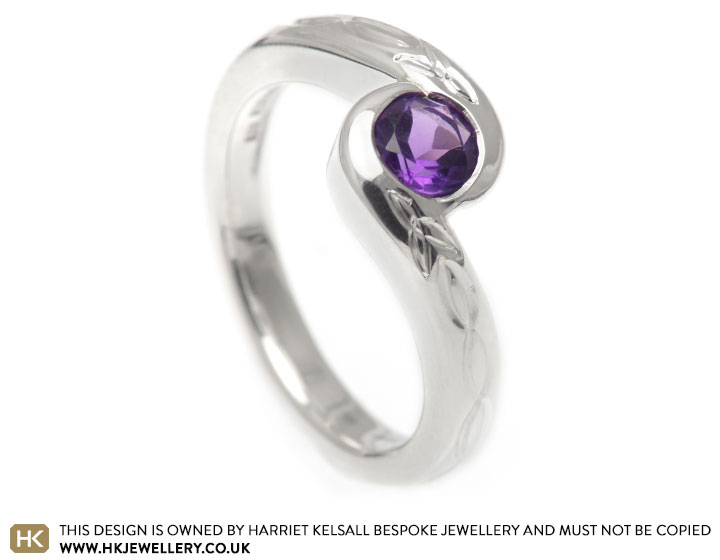 Aimee's amethyst twist ring with Celtic inspired engraving