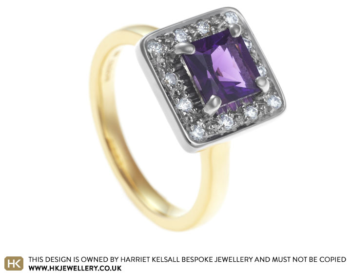 Jade's bespoke amethyst and diamond mixed metal engagement ring