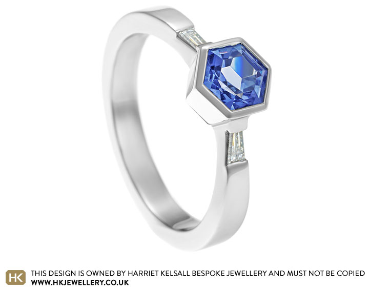 Rare 0.95ct hexagonal blue sapphire, diamond and recycled palladium engagement ring