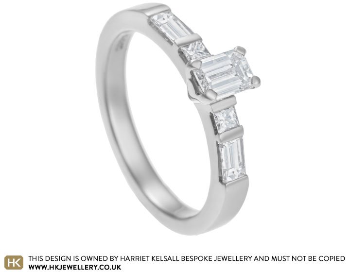 Zoe's 18ct white gold engagement ring with different cuts of diamonds