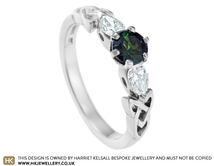 Janet's Celtic trilogy engagement ring with a 0.48ct green tourmaline