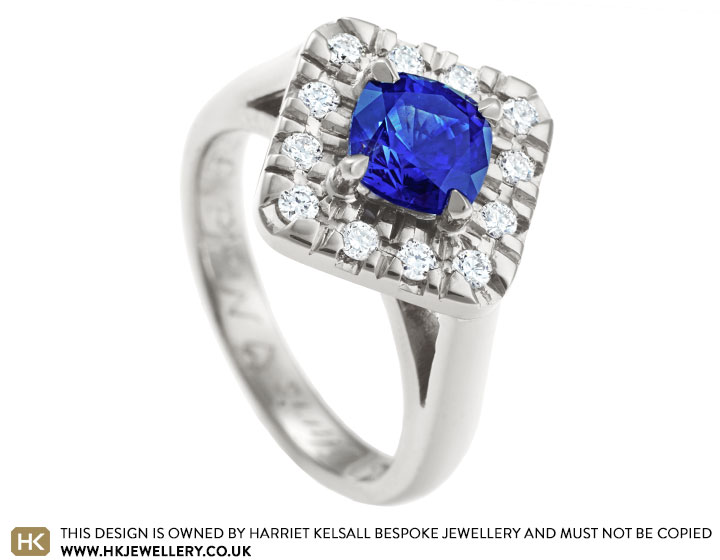 Nicola's 1.74ct cushion cut blue sapphire and diamond engagement ring