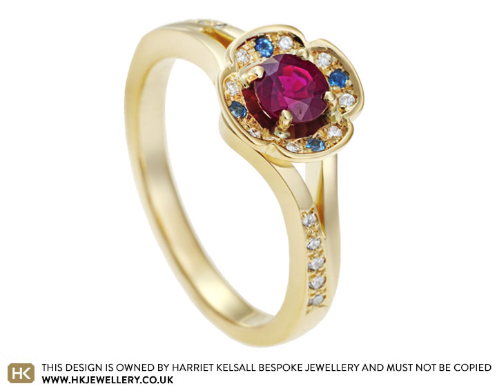 Yasmine's 18 carat yellow gold and 0.79ct red ruby engagement ring