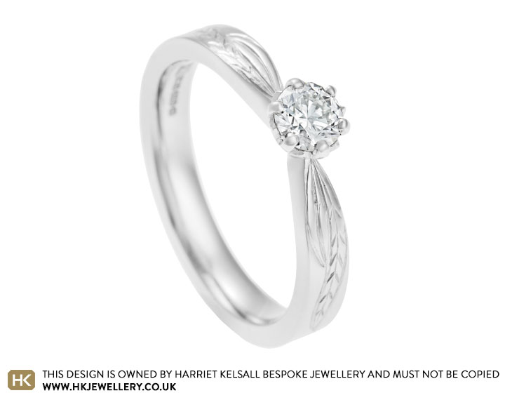 Willow leaf inspired 0.30ct diamond and palladium engagement ring