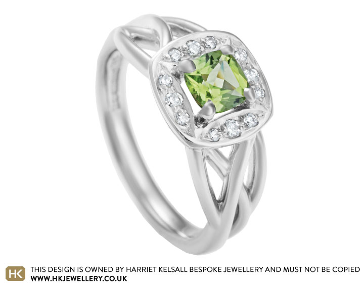 Linzi's cluster style peridot and diamond engagement ring