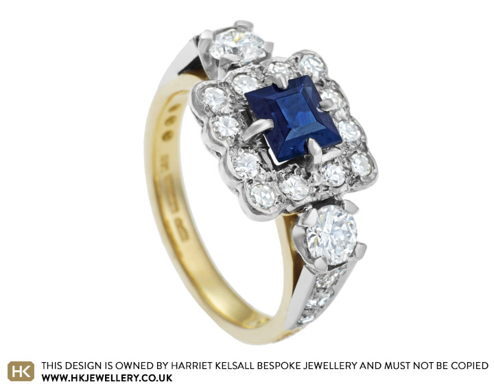 Valerie's yellow gold and platinum ring with sapphires and diamonds