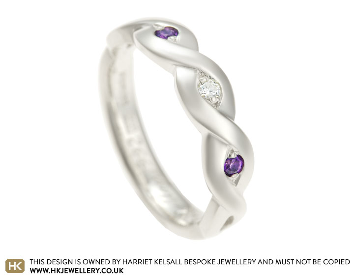 Susan's Celtic twist 9 carat white gold, diamond and amethyst eternity ring