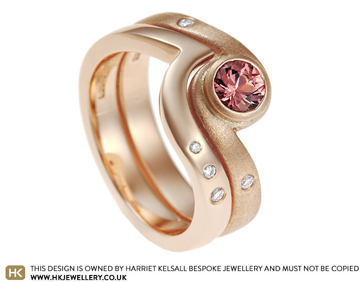 Amanda's 9 carat rose gold Burmese spinel engagement ring and fitted wedding ring