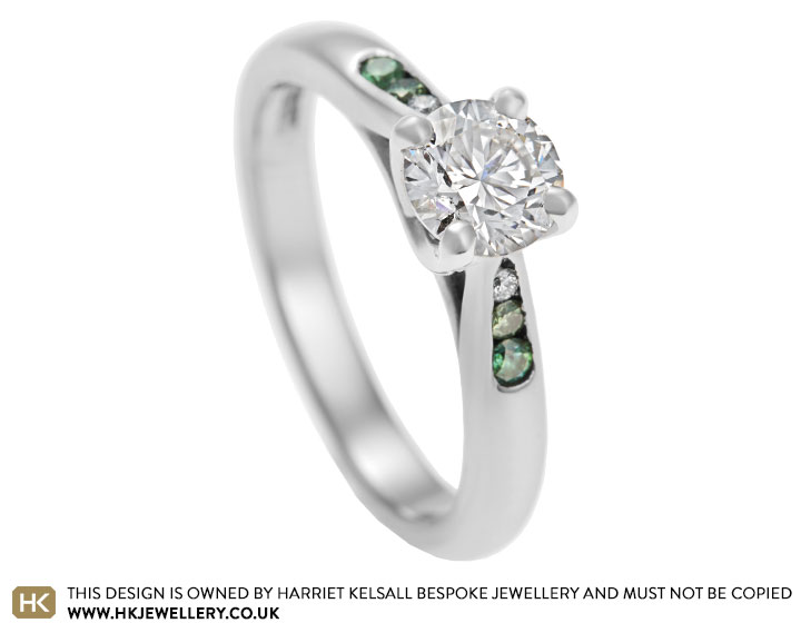 Eimear's solitaire engagement ring with heat treated green diamonds