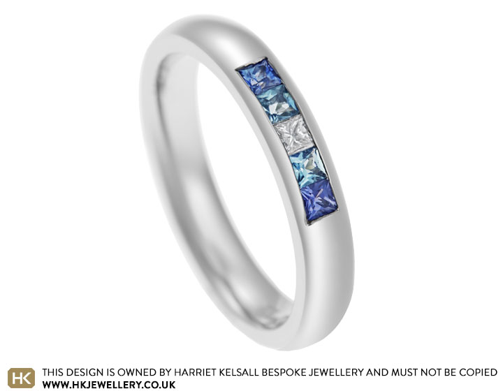 Ellen's palladium diamond, sapphire and aquamarine engagement ring