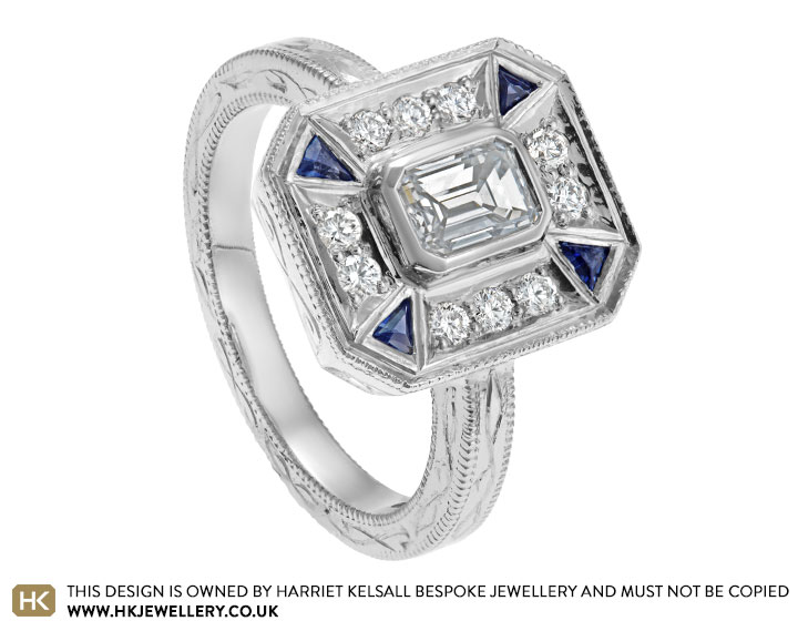 Palladium, sapphire and diamond cluster engagement ring