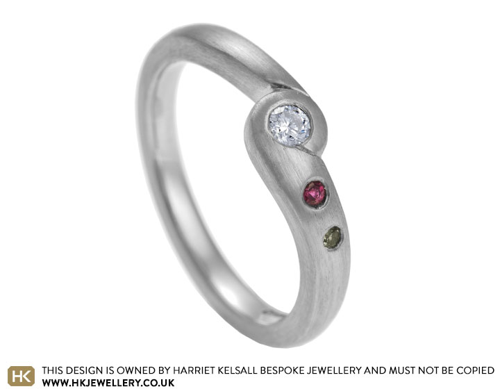 Jessie's diamond, green sapphire and ruby engagement ring