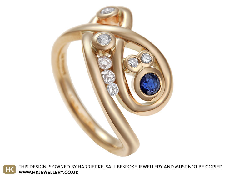 Christine's ribbon inspired sapphire diamond and yellow gold ring