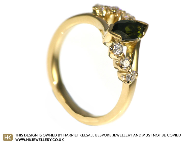 Bryce and Helen's engagement ring with an alluring green stone