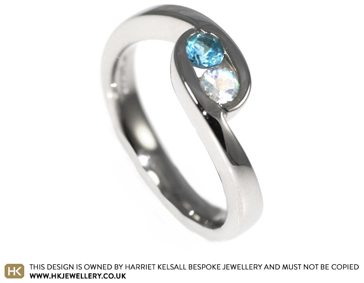 Sian's bespoke engagement ring with moonstone and swiss blue topaz