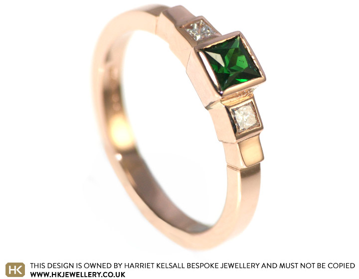 9 carat rose gold engagement ring with tsavorite and diamond