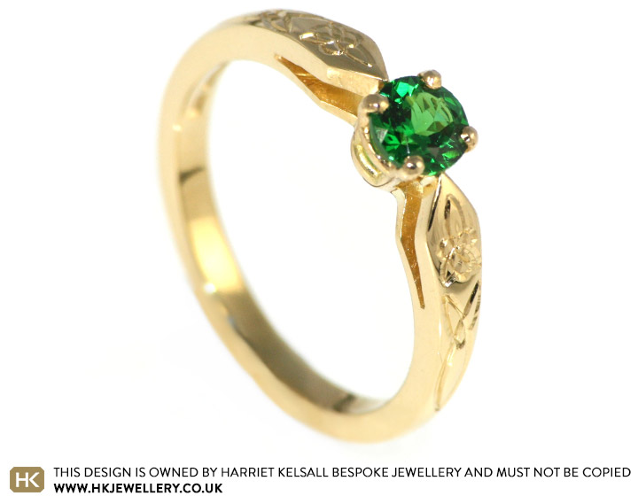 18 carat yellow gold ring and tsavorite engagement ring with Celtic engraving