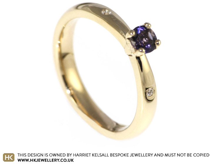 Rachel's yellow gold and iolite engagement ring with diamonds