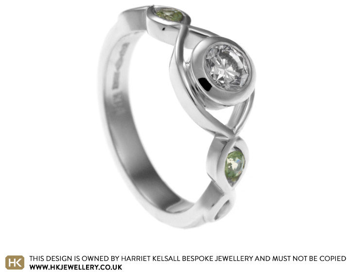 Heather's platinum diamond and peridot engagement ring