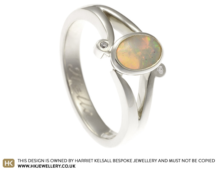 Harriet's bespoke 9ct white gold, opal and diamond engagement ring